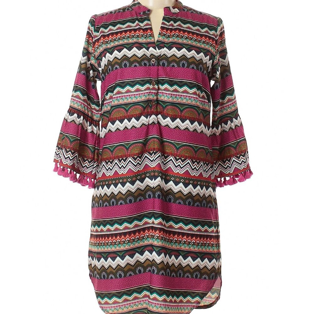 Joy Joy Monkee's of the Village-Tasseled Bell Sleeve Geometric Print Dress-Sz S
